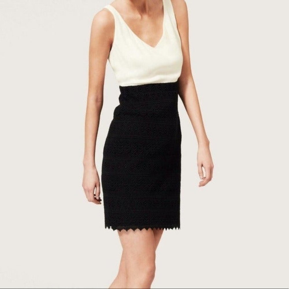NWT Ann Taylor Loft dress Women Sz 8 Black Crochet Lace Bottom‎ Crepe Cream Top